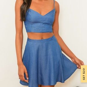 Lulu’s Accompany Me 2-Piece Denim Set Bra Top Mini Skirt